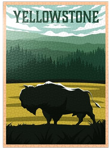 Bisons in Yellowstone National Park Art Deco Style Vintage Poster Illustration – Premium 1000 Teile Puzzle – Made in USA