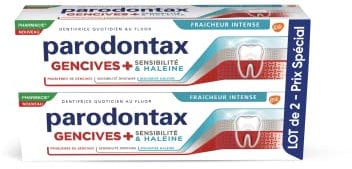 PARODONTAX - Dentifrice Gencives+ Sensibilité & Haleine - Cible les Problèmes de Gencives, La Mauvaise Haleine & la Sensibilité Dentaire - Au Fluor - 2 x 75 ml