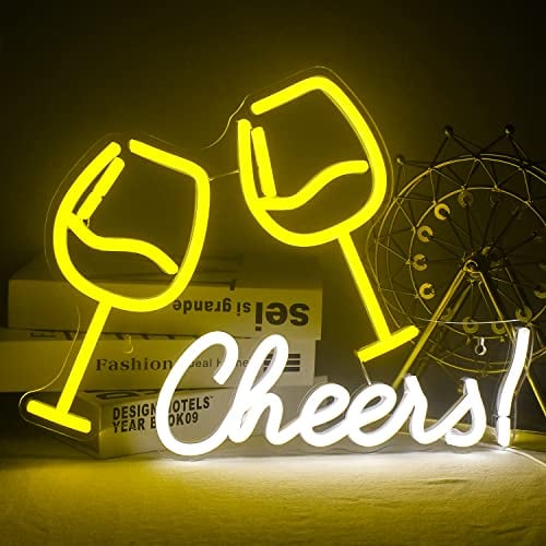 Enseigne au néon double verre à vin avec Cheers, Cheers Words Neon Light, enseignes lumineuses pour bar salle de jeux décoration murale mariage fête à la maison (jaune blanc)