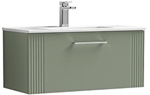 nuie DPF896B Deco Modern Bathroom Wall Hung 1 Drawer Part Fluted Vanity Basin Unit with Minimalist Ceramic Basin, 800mm, Satin Green