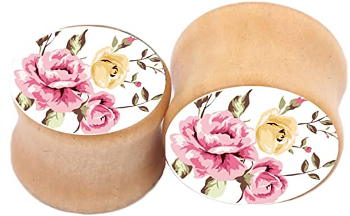 Homxi 2er Set Ohr Tunnel 16mm Set,Ear Plugs Holz Ohrringe Plug 5/8 inch Blumen Set Ear Tunnel Braun