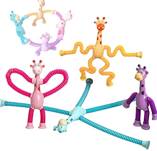 CLYQUE Juguete Telescópico de la Jirafa de la Ventosa, 4pcs Telescopic Suction Cup Giraffe Toy, Cartoon Stretching and Stress Relief Giraffe Toy, Fun Interaction Puzzle Decompression Toy