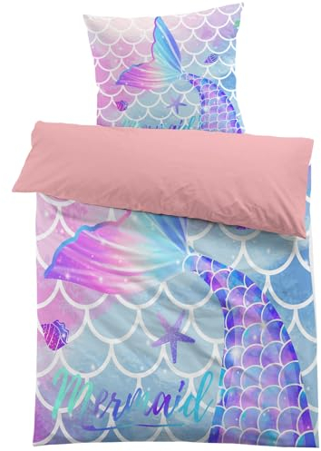 MUSOLEI Bettbezug Meerjungfrau, 140 x 200 cm, für Mädchen, Kinder, Rosa, 3D-Motiv, bedruckt, Bettwäsche für Einzelbett, aus Mikrofaser, mit Reißverschluss mit Kopfkissenbezug, 65 x 65 cm, Geschenk für