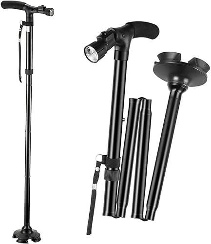 Faltbarer Gehstock mit LED-Taschenlampe, für ältere Menschen, höhenverstellbar, leichter Griff, T-Griff, rutschfeste Unterseite