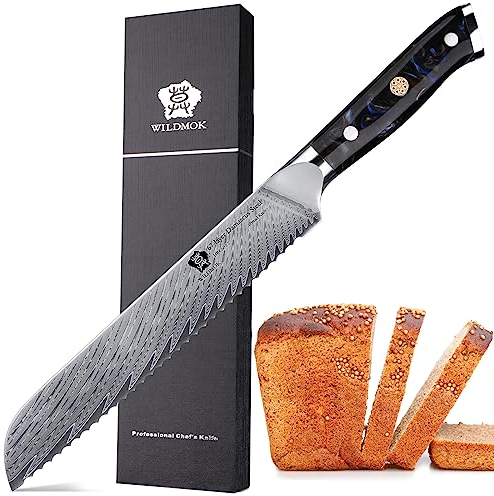 WILDMOK Cuchillo de pan de acero de Damasco, cuchillo de pan dentado de 20 cm, mango ergonómico de resina de espiga completa, afilado como una navaja Hermoso patrón de plumas de acero