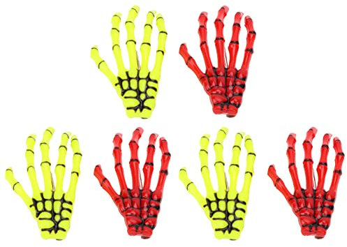 Skelett-Hände, Knochen-Haarspangen, 6 Stück, Haarspangen, Skelett, fluoreszierend, Punk-Rock, Horror, gelb, rote Krallen, Totenkopf-Hand, Haarnadel Cosplay, Kostüm, Party,