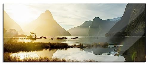 Pixxprint Glasbild Panorama, Wandbild aus Echtglas, Milford Sound Neuseeland, 100x40 cm, inkl. Aufhängung und Abstandshalter