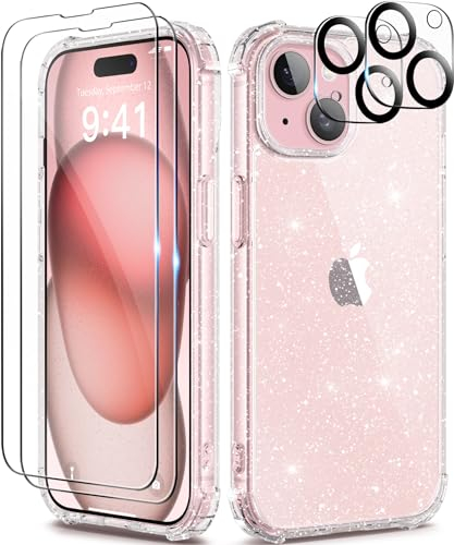 TIESZEN Compatible with iphone 15 Case Clear Glitter, with 2X Screen Protectors + 2X Camera Lens Protectors,【Non-Yellowing 】 Clear Sparkle Slim Shockproof Phone Cover for Women 6.1 Inch, Shiny Clear