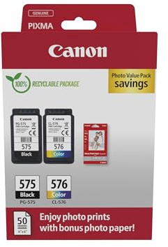 Canon PG-575 / CL-576 Genuine Ink Cartridges, Pack of 2 (1 x Black, 1 x Colour); Includes 50 Sheets of 4x6 Photo Paper - Security Cardboard Multipack