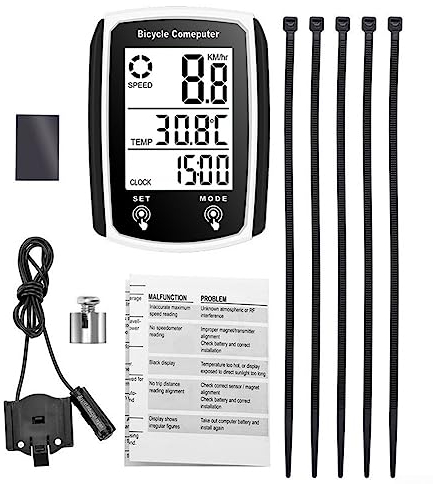 LVYXON Fahrradcomputer, kabelgebundener Fahrradcomputer, LCD-Display, Fahrradtacho, Kilometerzähler, Schrittzähler für Fahrradtrainer, Englisch (weiß)