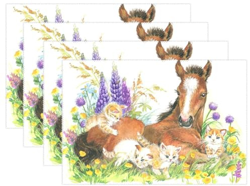 Tischsets 4er-Set, niedliches Pferd und Kätzchen, Katze, Esstisch, Tischsets, Küche, Platzdeckchen, rutschfest, wärmeisolierend für Haushalt, drinnen und draußen, Hoteldekoration
