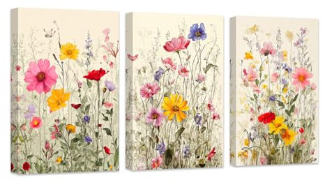 ZXHYWYM Blumenbilder Set mit 3 Aquarell Wildblumengemälden bunte Blumen Wanddekoration botanische Leinwanddrucke für Mädchenzimmerdekoration mit Rahmen (B (28x35cmx3))