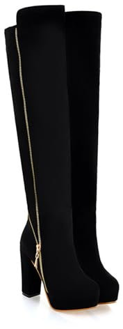 LeaHy Women's Knee High Boots Winter Suede Platform Block Heel High Heeled Boots Side Zip,Black,3 UK