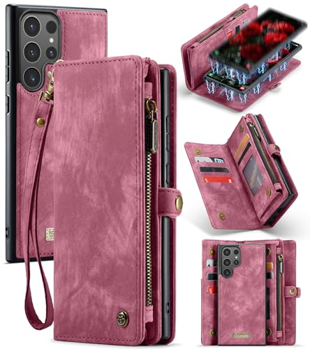 UFinetech für Samsung S24 Ultra Hülle, Stoßfest Kartenfach Magnetisch Abnehmbare Tasche Galaxy S24 Ultra 5G Handyhülle, Flip Reißverschluss Lanyard Leder TPU Klapphülle Kratzfest Schutzhülle Case, Rot