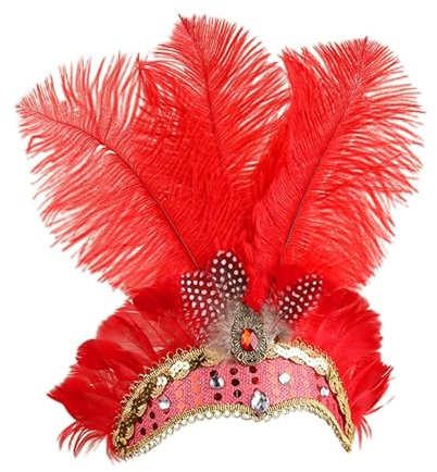 Feder Stirnband Fascinator Damen Flapper Stirnbänder Cosplay Haarband Karneval Party Kopfschmuck Vintage Feder Haarreif Feder Kopfbedeckung Kostüm für Party Karneval Hochzeit Halloween (Red, One Size)