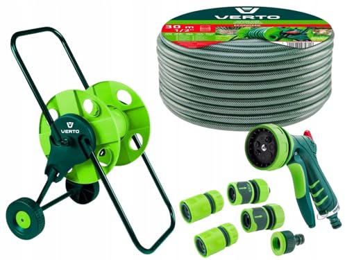VERTO Schlauchwagen mit Schlauch 1/2 Zoll 30 m + Wasserspritze + 3 x Schlauchverbinder, Wasserstop, Hahnverbinder - Gartenbewässerung Komplettes Starterset | Gartenschlauch UV-beständig max 20 bar