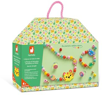 Janod - 4 Holzschmuckstücke zum Selbermachen Geheimnisvoller Dschungel - Die Ersten Schmuckwerkstätten - DIY-Schmuckherstellung - Kinderbastelset - Feinmotorik und Konzentration lernen - Ab 4 Jahren - J09131