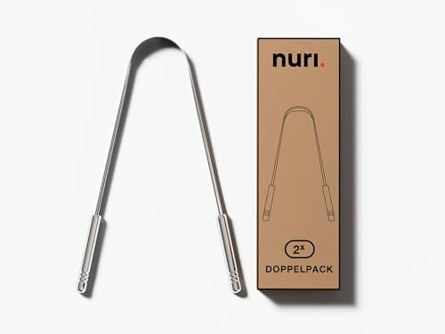 NURI Gratte-langue - 2 pièces en acier inoxydable médical - Vainqueur du test 2025 - Grattoir langue contre la mauvaise haleine - Goût neutre et hygiénique - 100% métal Tongue Scraper pour une