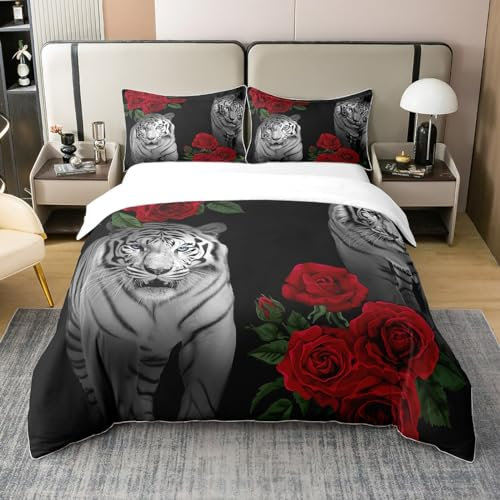 100% Baumwolle Tiger Bettbezug 200x200,Rote Rose Floral Bettwäsche Set für Kinder,Afrikanische Safari Tier Bettbezug,Romantische Garten Blume Tröster Abdeckung,Big Cat Wildlife Bett Set Reißverschluss
