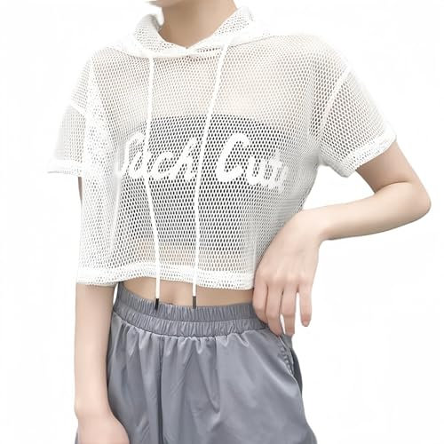 SamHeng Fishnet Sudadera con capucha de manga corta Crop Tops para mujer Camisetas Jersey Top para fiesta Clubwear Verano Playa Cover Up (Blanco/L)