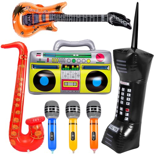 PLMMOUT 7 Stück Aufblasbare Instrumente, Aufblasbare Party Props Inflatables Gitarre Aufblasbares Mikrofone Radio Aufblasbares Saxophon Aufblasbares Mobiltelefon Für 70er 80er Jahre Party Versorgung