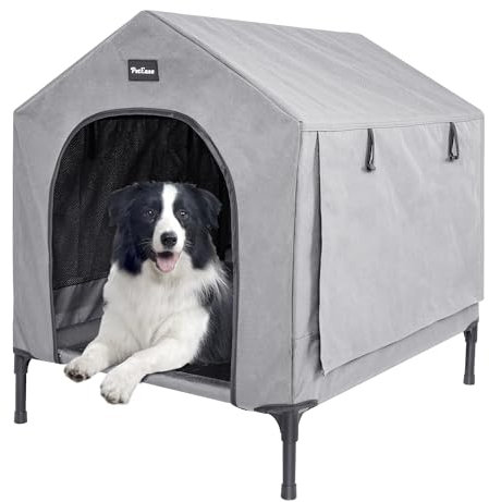 PETEASE 2-in-1-Hundehütte, erhöhtes Hundebett mit abnehmbarem Bezug, für drinnen und draußen, Welpen-Unterschlupfbett, erhöhtes Hundebett für mittelgroße Hunde und Katzen (grau, mittelgroß)