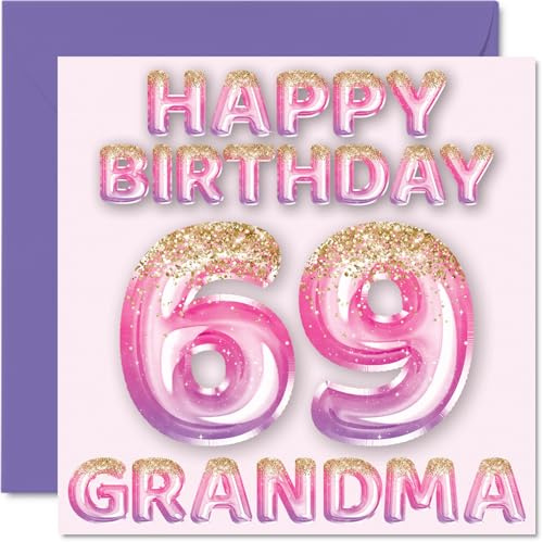 69th Birthday Card for Grandma, Pink & Purple Glitter Balloons | Happy Birthday Cards for 69 Year Old Grandma from Grandson Granddaughter, 145mm Bday Greeting Cards Gift
