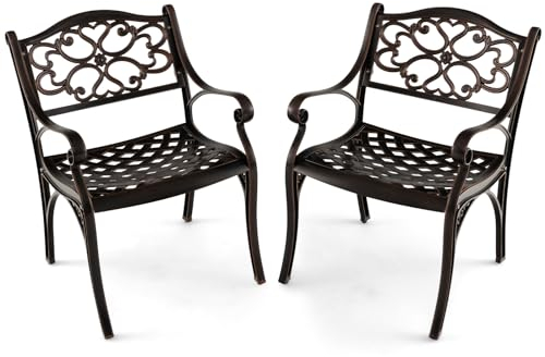 GIANTEX 2er Set Gartenstuhl, Garten Bistrostuhl wetterfest aus Aluminiumguss, Garten Essstuhl Balkonstuhl Terrassenstuhl ergonomisch mit Rücken- & Armlehnen, Gartensessel Antik bis 150kg belastbar (B)