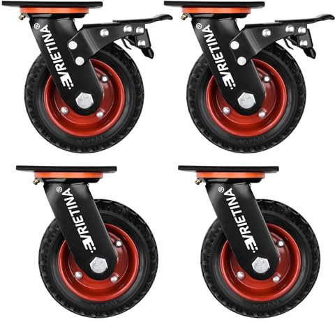 4 Stück Schwerlastrollen 150mm Lenkrollen mit Bremse, 360° Drehbar Transportrollen mit Schwerlast Deckplatte Vollgummi Rollen aus Antirutsch Polychlorid Tragkraft 1000kg(2 Lenkrollen 2 Bremsrollen)