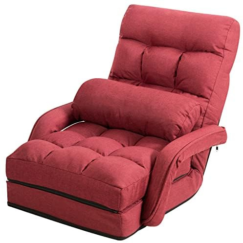 FANTASK Bodenstuhl mit Schlaffunktion, Bodensofa mit Verstellbarer Rückenlehne, gepolstertes Klappsofa mit Armlehnen und Kissen, Bodensessel, Bodenstuhlsofa für Zuhause und Büro (Rot)