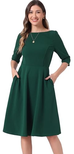 Allegra K Wear to Work Dress for Women's Boat Neck Short Sleeves Midi Flared Office Dresses Dark Green XL