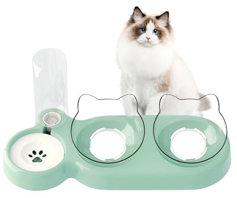 Lot de 3 gamelles 3 en 1 pour chat - Avec distributeur d'eau et support - Gamelle surélevée pour chat - Double gamelle anti-glouton - Pour nourriture sèche et humide