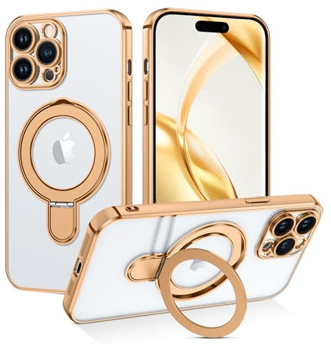 BENTOBEN Magnetic Case for iPhone 14 Pro Max [Compatible with Magsafe], Invisible Ring Stand Clear Back Soft TPU Plating Edge Military Grade Protection Shockproof Cover for iPhone 14 Pro Max, Gold
