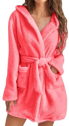 Bademantel Damen Lang Damen-Schlafanzug, einfarbig, langärmelig, Kapuze, Knie, kurz, Plüsch, Pyjama, Robe, Homewear, Bademantel Mikrofaser Bademantel Damen Dünn Bademantel Sexy (Pink, XXL)