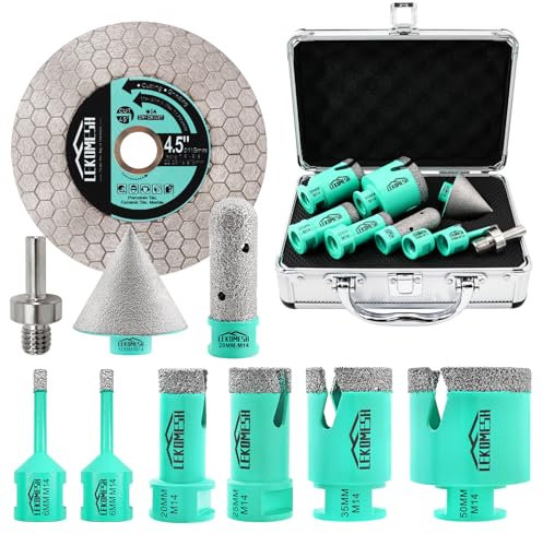 LEKOMESH Brocas Coronas para Porcelanico-10piezas (6/6/20/25/35/50mm+20mm Broca de dedo+50mm Broca Fresado Chaflán+Adaptador+Hoja de Sierra) Para Baldosas Cerámicas, Mármol, Hormigón, Roscas M14
