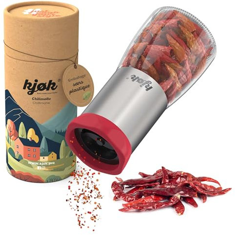 kjøk Premium Chilimühle aus Edelstahl & Glas Chilischneider mit Stahl Schneidwerk Gewürzmühle Gewürzschneider zum Selbstbefüllen 100ml Vorrat Aromaschutzdeckel und Qualitäts Schneider Spice Grinder