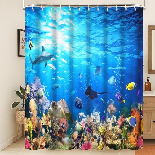 Xiaoterna Meeresleben Duschvorhang 3D Unter dem Meer Meerestiere Badvorhang Ozean Unterwasser Fisch Delfin Schildkröte Hai Waschbar Duschvorhang Schimmel und schimmelpilzbeständiger Stoff 150x200cm