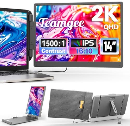 Teamgee 14 2K Portable Monitor for Laptop, 2160x1440P QHD Laptop Screen Extender, Dual Screen Monitor for 13-17 Laptops Plug & Play HDMI/USB-A/Type-C Suitable for Mac, Wins, Android, Dex