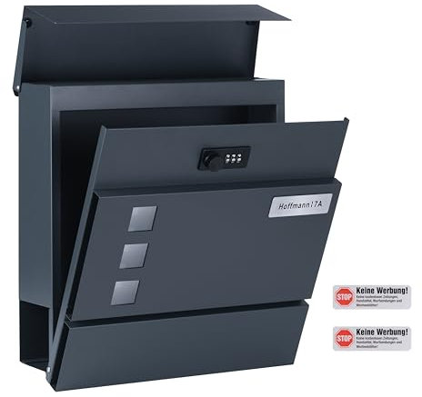 Zedelmaier Personalisiert Briefkasten mit Edelstahl Namensschild Wandbriefkasten mit Zahlenschloss Postkasten Briefkästen mit Zeitungsfach Mailbox Anthrazit (10 X 31 X 33 cm)