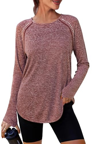 Crewhpo Women's Sports Top Gym Shirts Long Sleeve with Thumb Holes UPF 50+ | Crew Neck, Raglan Shoulder, Curved Hem, Lightweight Breathable, Moisture Wicking, Quick Dry, Outdoor Hiking Training
