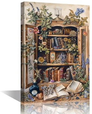 TISHIRON Wandkunst für Wohnzimmer, Vintage-Bücherregal, Leinwand, Wandkunst, Bücher, zeitgenössische Poster und Drucke, Blumen, modernes Kunstwerk, fertig zum Aufhängen, für Schlafzimmer, Büro, 45,7 x