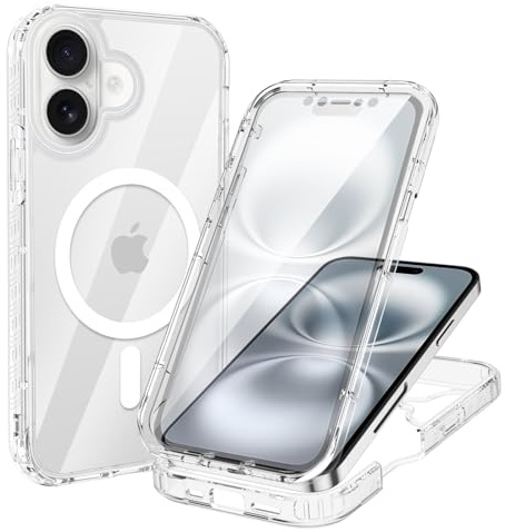XTCASE Cover Magnetica per iPhone 16 [Compatibile con Magsafe], Custodia Protezione a 360 Gradi con PET Proteggi Schermo Resistente ai graffi Antiurto Protettiva, Trasparente