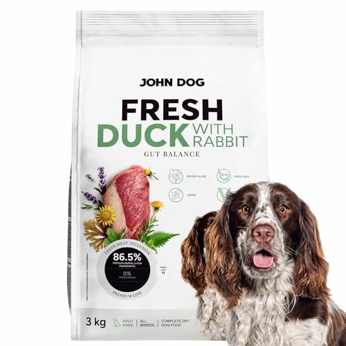JOHN DOG Premium Trockenfutter für Hunde Fresh - Hundefutter trocken getreidefrei mit 86% Fleischanteil - Hundetrockenfutter mit Ente & Kaninchen - natürliche Zutaten - für ausgewachsene Hunde 3kg