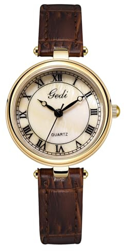 Zeruye Vintage-Uhren für Frauen Zarte Goldfarbene Quarz-Dressuhr, analog, wasserdicht Armreif-Armbanduhr für Frauen mit Lederarmband,Geschenk für Sie (Gold Brown)