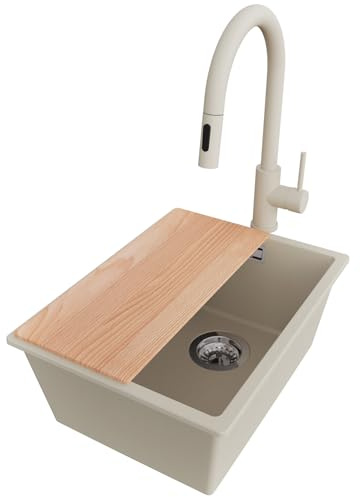 PRIMAGRAN Granitspüle ab 40er Unterschrank + Küchenarmatur, 36x47cm | Set: Küchenarmatur BW9010 + Ablauf-Set + Schneidebrett + Spülbecken 1 Becken - London Slim, Beige