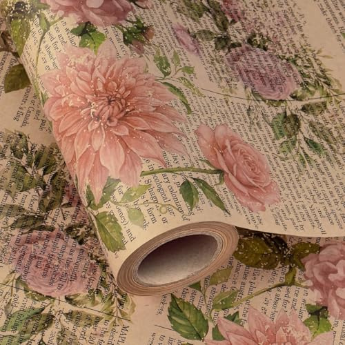 RUSPEPA Kraft Vintage Floral Wrapping Paper - Mini Roll - 43.2cm x 5m - Retro Rose Flower Letter Print Newspaper Kraft Wrapping Paper for Birthday, Wedding, Bridal Shower, Anniversary
