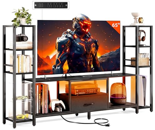 LovaraS TV Stand for 55/60/65 Inch TV, Entertainment Center with with LED Lights & Power Outlets,TV Stand with Drawers & Open Shelves, TV Console with Bookshelves for Living Room, Black