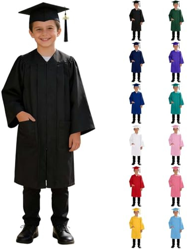 Kids Graduation Gown and Cap Set for Boys Girls Children’s Preschool Nursery Primary School Graduation Robe with Pockets Mortarboard and 2026 Tassel Academic Dress for 2-12 Years