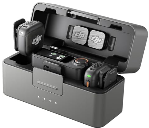 DJI Mic 3 (2 trasmettitore, 1 ricevitore, base di ricarica), microfono lavalier wireless per iPhone/fotocamera/Android, microfono a clip per registrazione video, Tiktok, YouTube Podcast Content