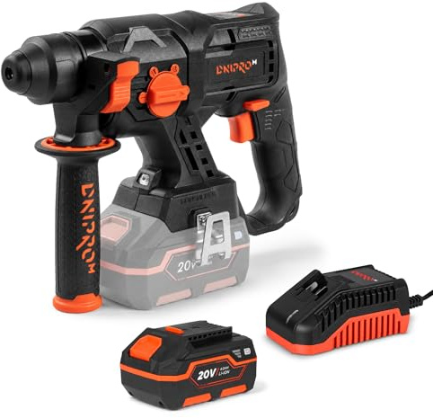 DNIPRO-M Martillo Perforador SDS-Plus 20V Brushless, 1,7J, Batería 4Ah y Cargador, 4 Modos, 4500 ipm, Hormigón 22 mm, Taladro Percutor SDS+, DHR-201BC Compact